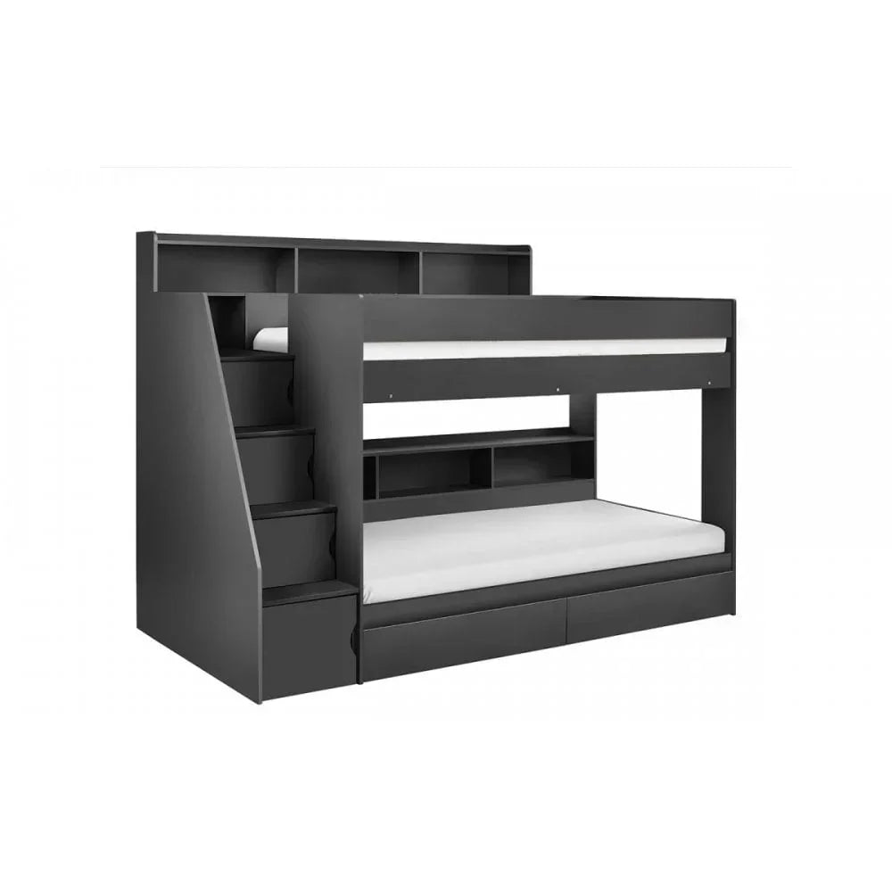 Black bunk bed with stairs, built-in shelving and underbed drawers