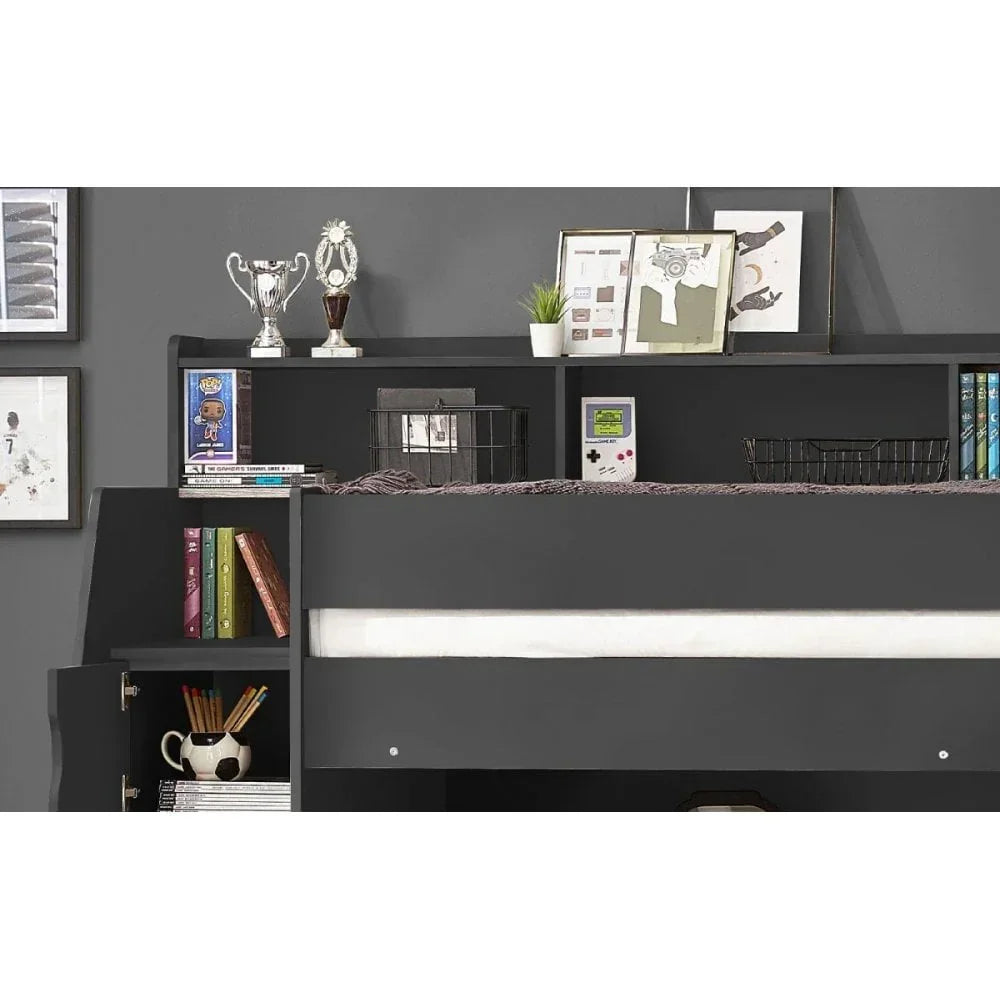 Black kids' storage bunk bed with shelves, books, trophies, and decor accessories