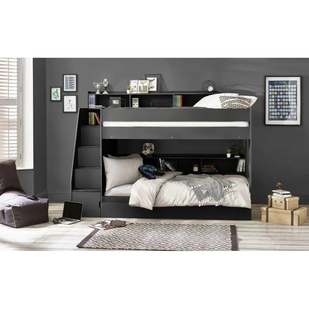 Grey bunk bed with shelves and storage stairs in modern bedroom