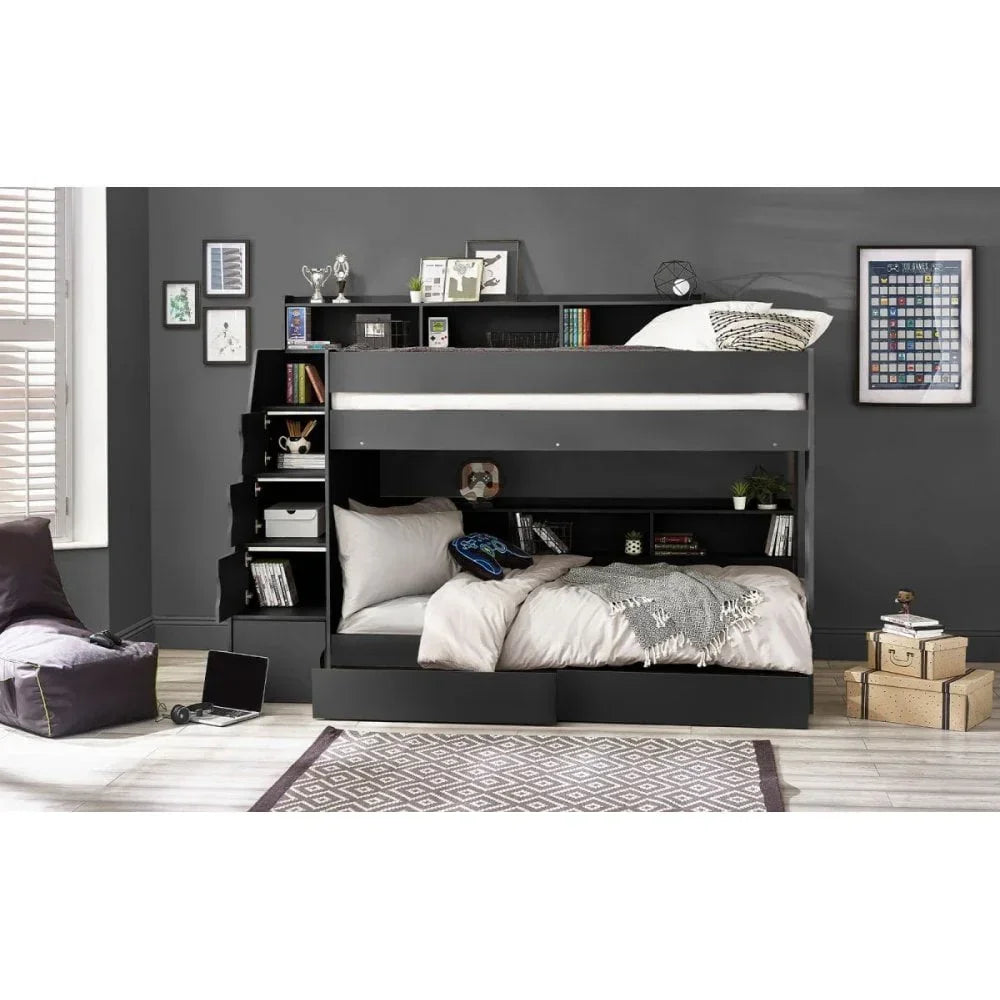 Black wooden bunk bed with shelving and storage in a modern bedroom