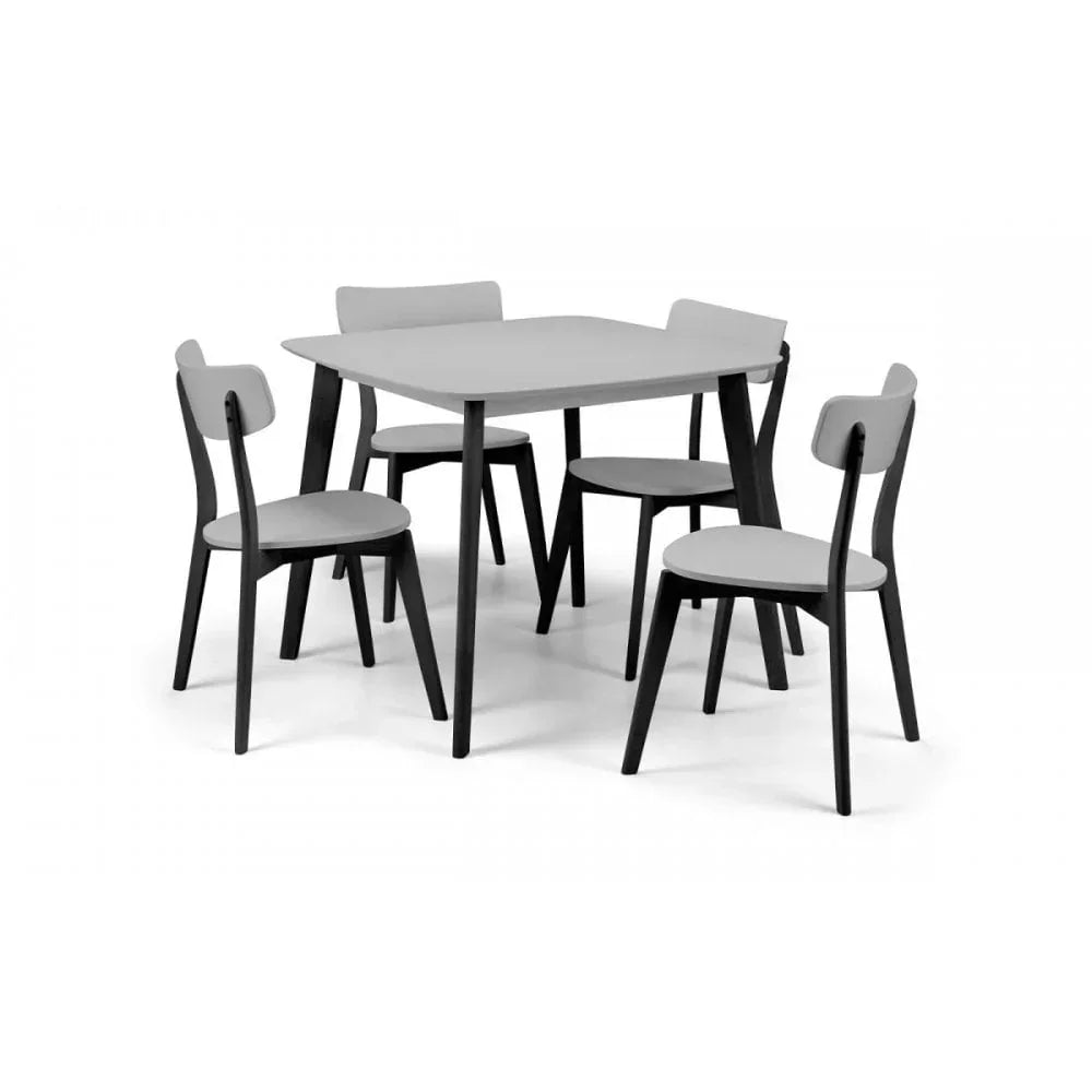 Modern dining table set with four grey chairs, wooden legs, square tabletop
