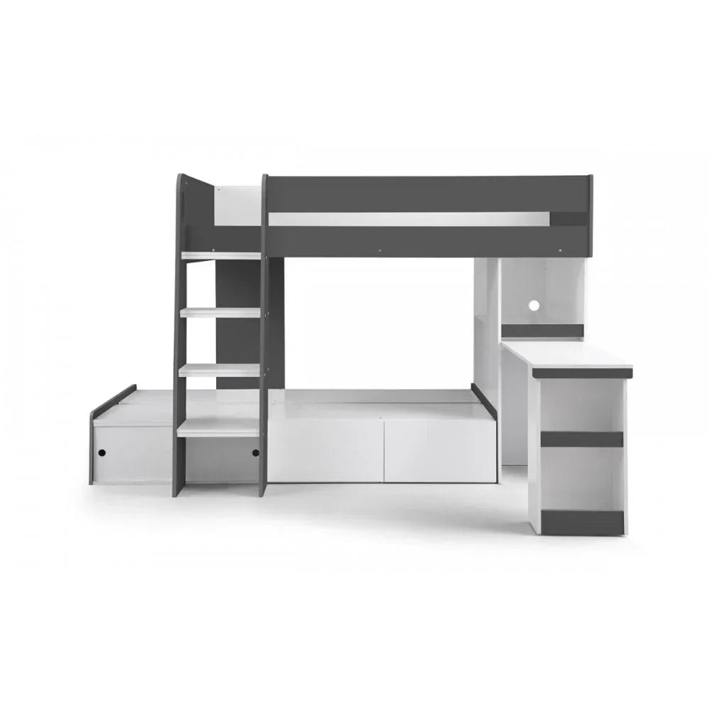 Grey and white bunk bed with built-in ladder, storage drawers, and side desk