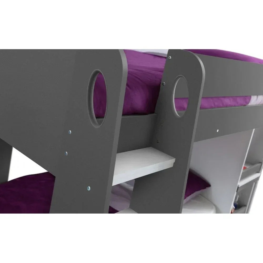 grey wooden bunk bed with white steps and purple bedding, close-up of ladder and frame