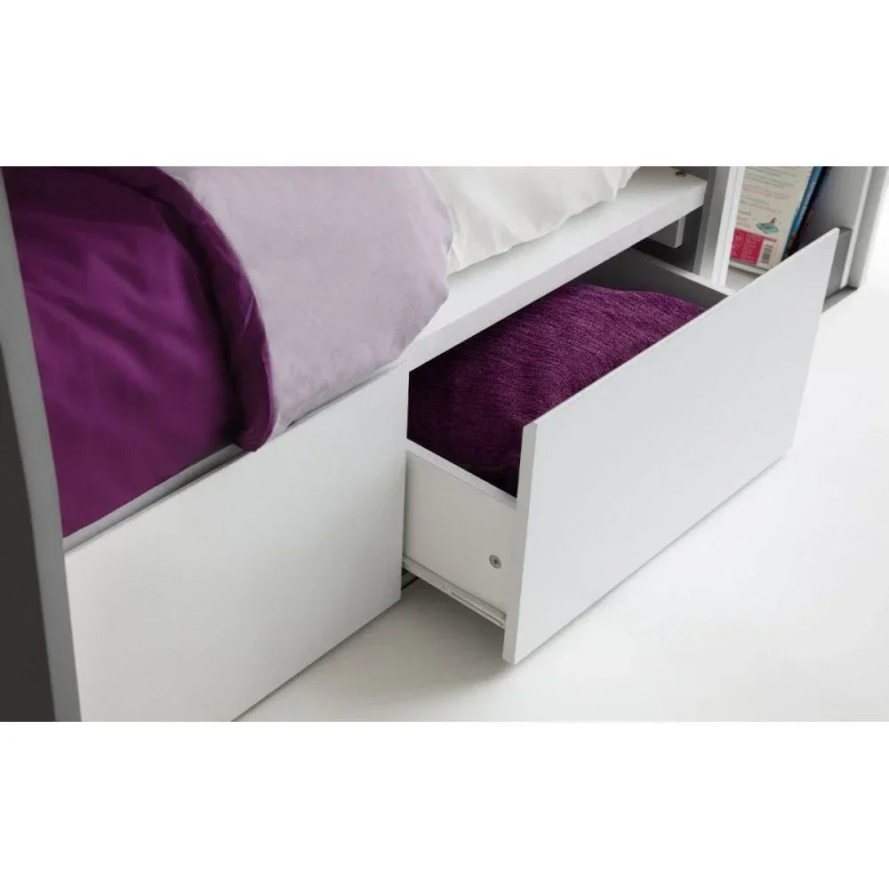 White storage bed with open drawer and purple pillow