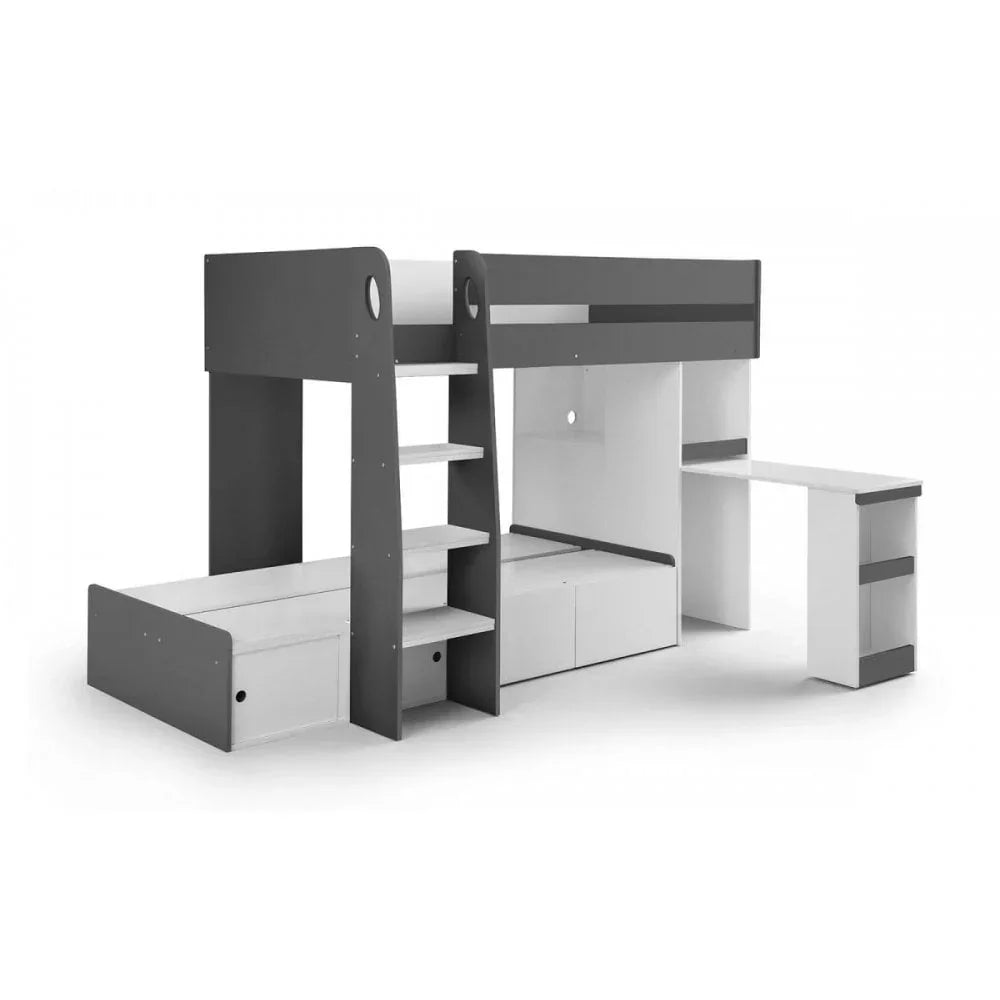 Grey and white bunk bed with ladder, desk, shelves, and integrated storage drawers