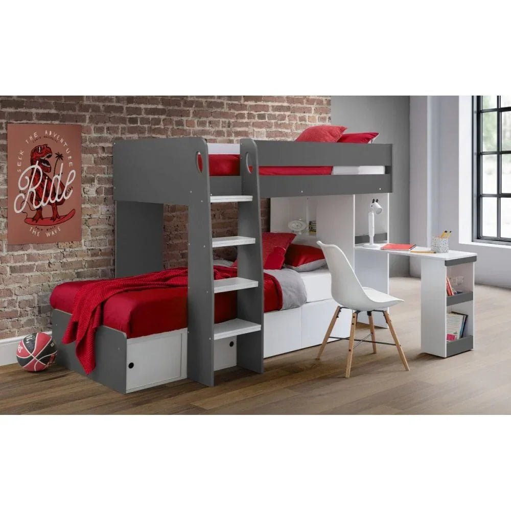 Grey and white bunk bed with storage, desk, and red bedding in modern kids’ bedroom