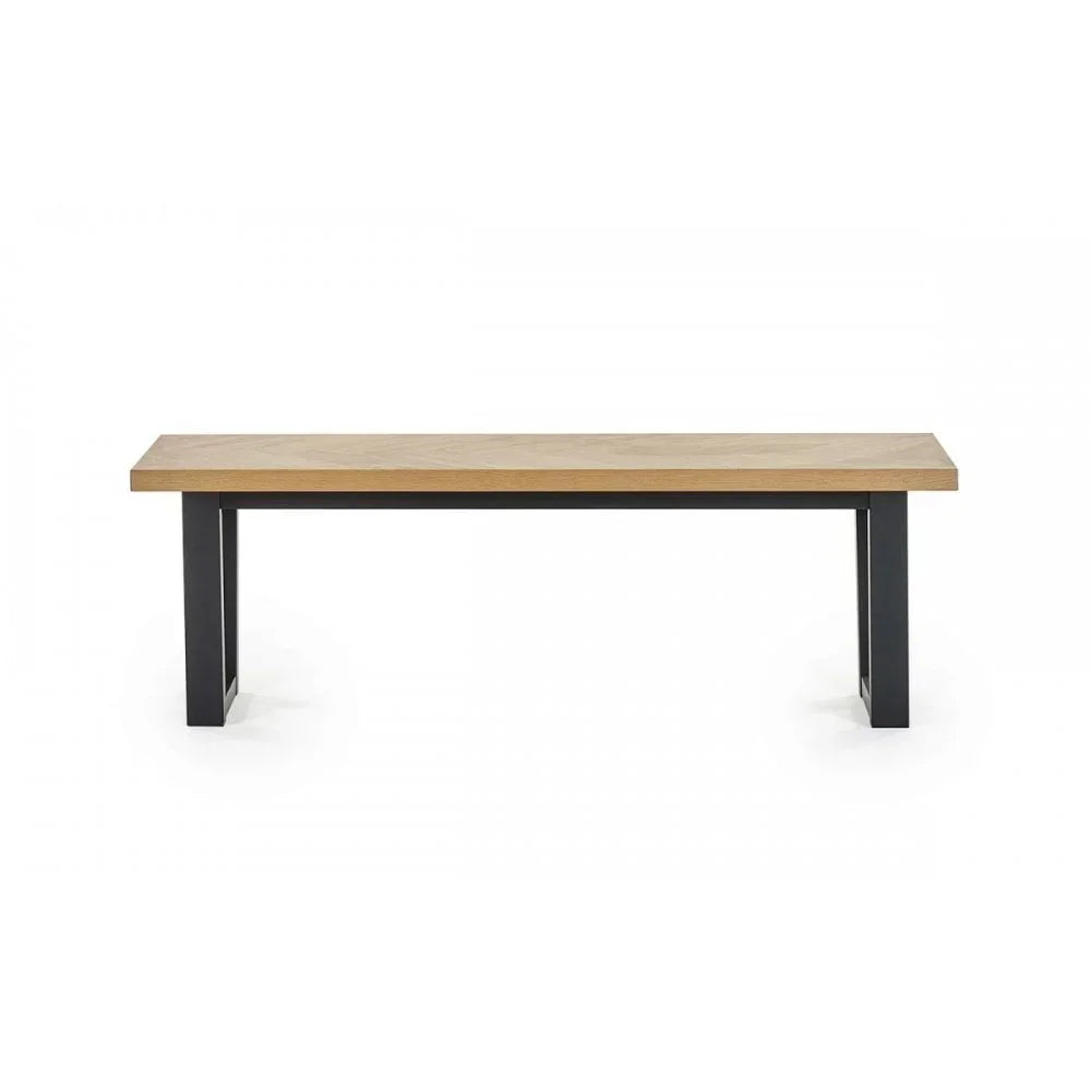 Oak dining bench with black metal legs on white background