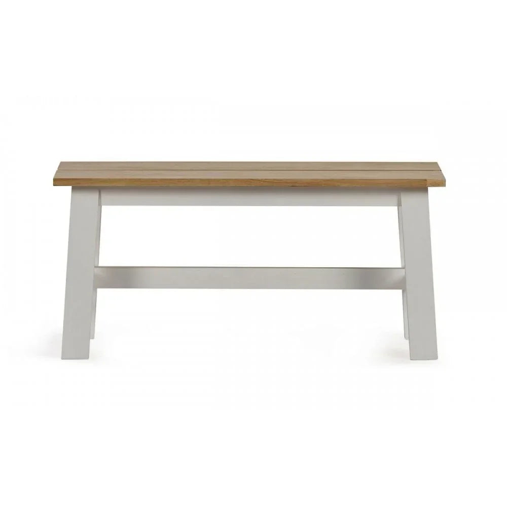 White wooden dining bench with natural oak seat, classic style, front view