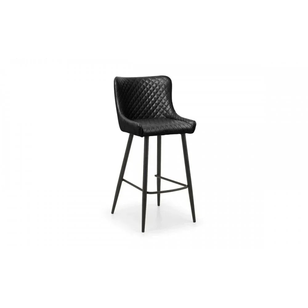 Black bar stool with quilted faux leather seat and tall metal legs