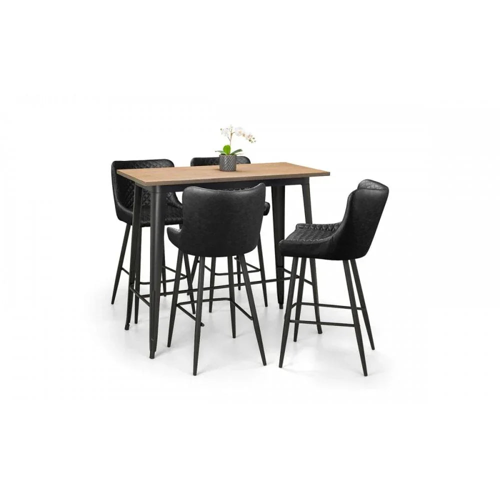 Black bar stool dining set with wood top table and four padded chairs
