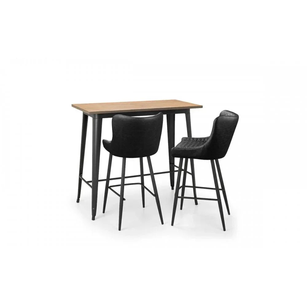 Breakfast bar table set with two black bar stools and wood top