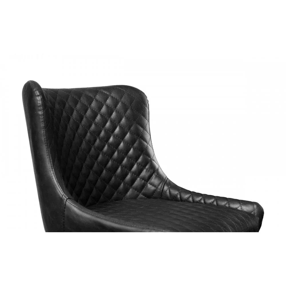 Black quilted leather dining chair close-up with diamond stitch detail