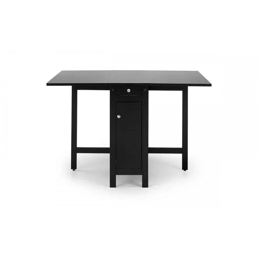 Black folding dining table with central storage cabinet and drop leaf sides