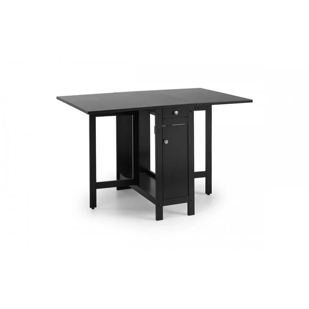 Black folding dining table with drop-leaf sides and built-in storage cabinet