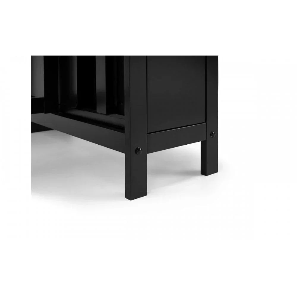 Closeup of black wooden furniture legs on white background