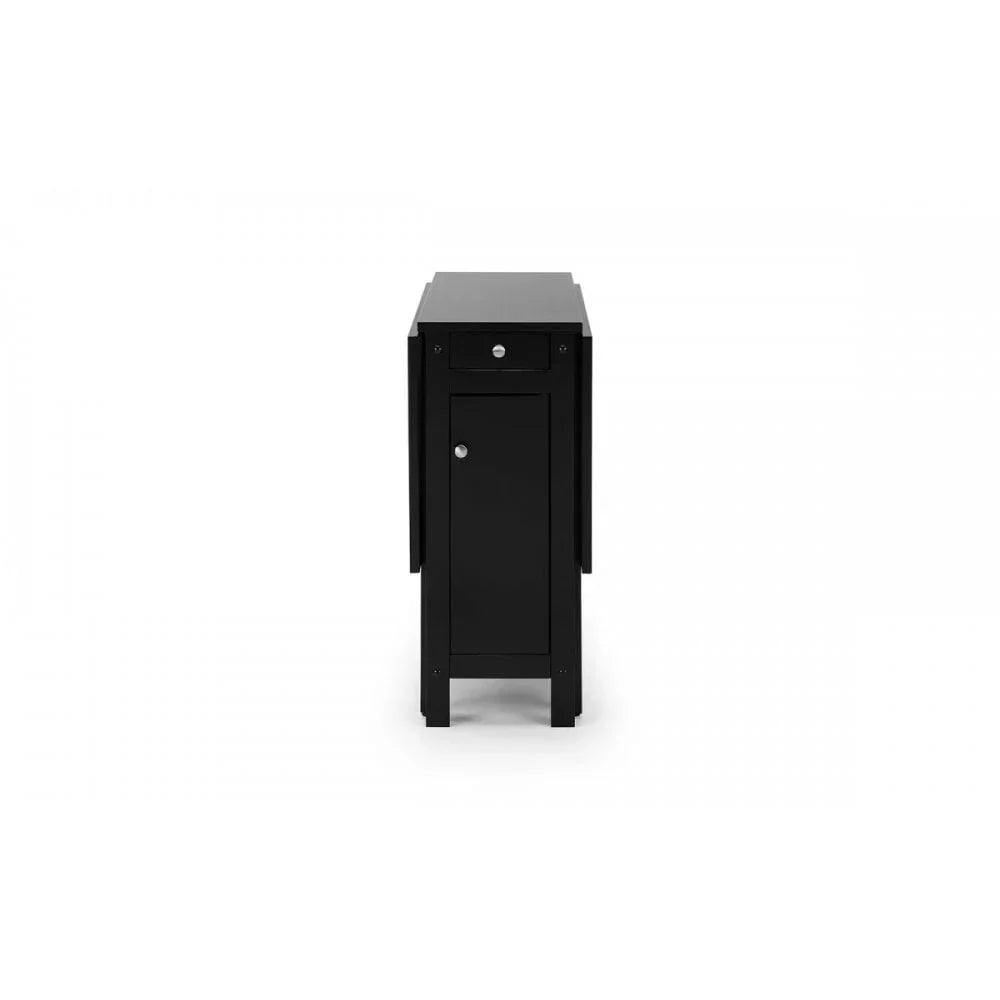 Black wooden storage cabinet with single door and drawer, front view