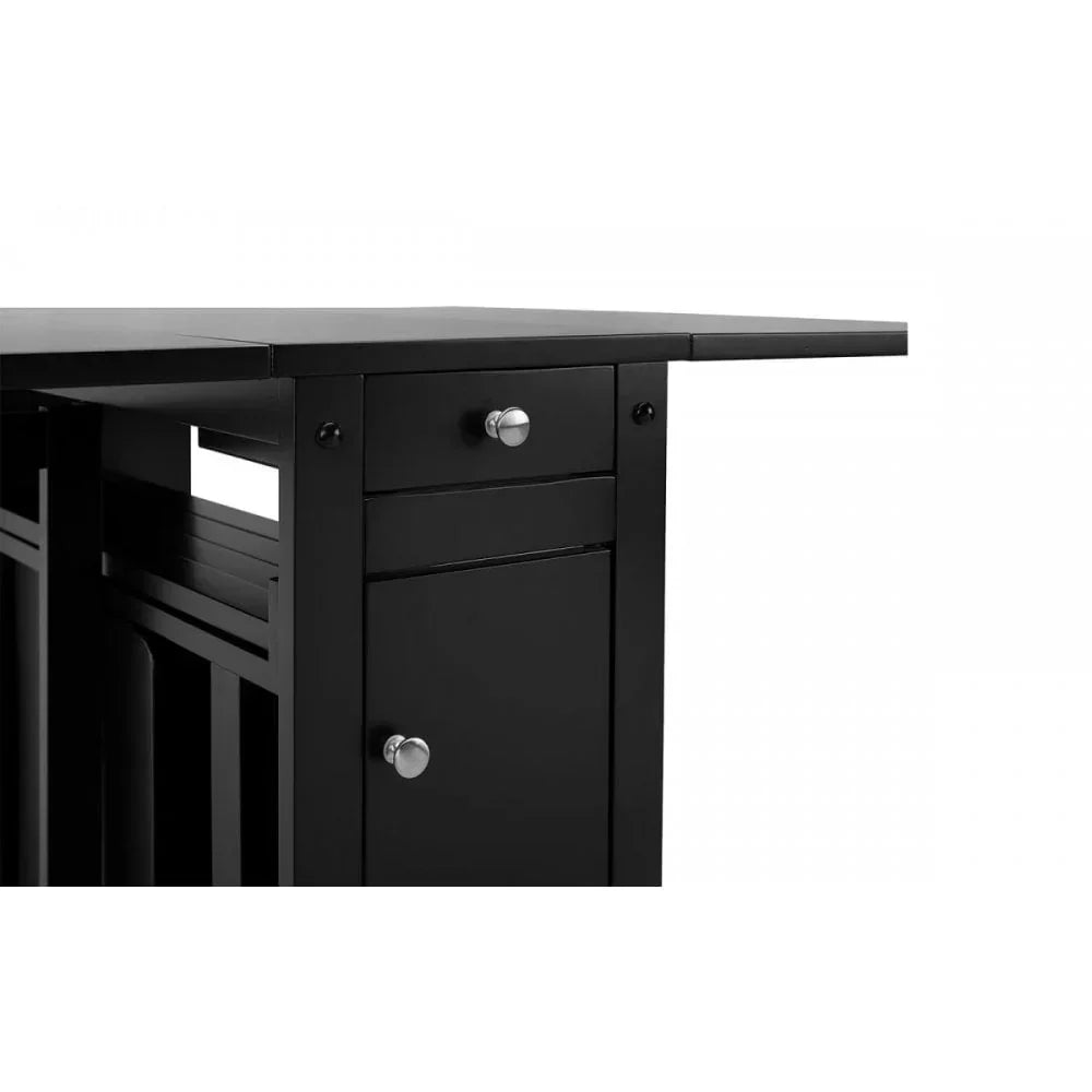 Black kitchen trolley with drawer, cupboard, and fold-out worktop section