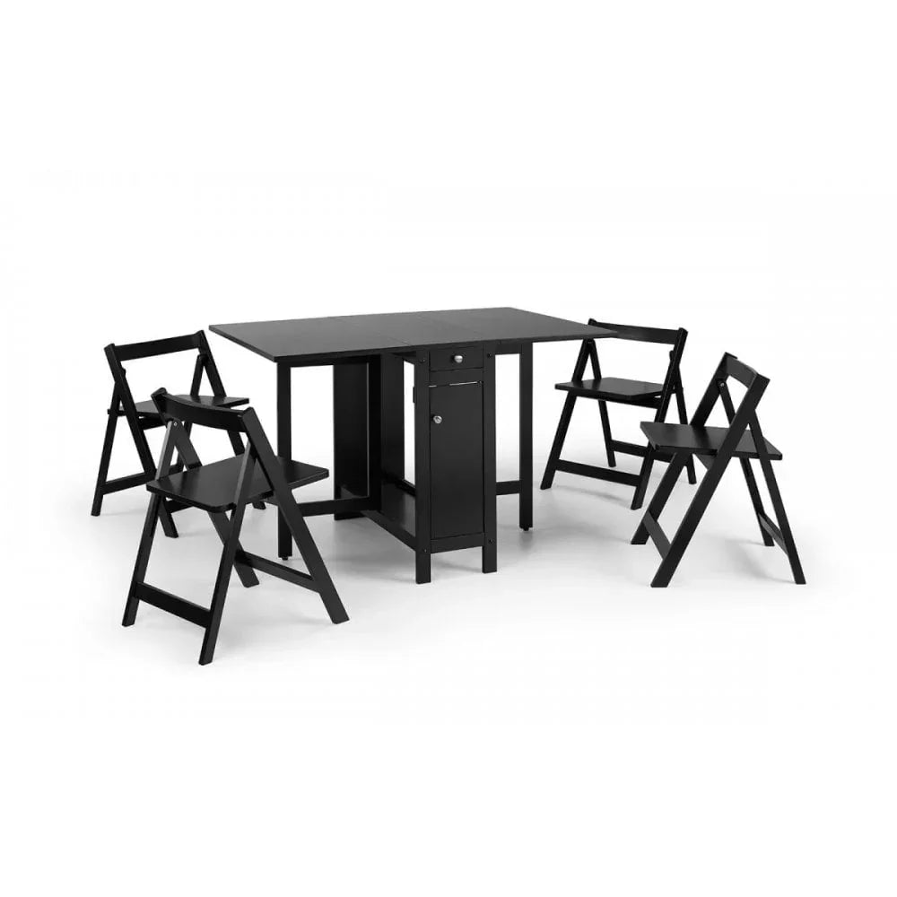 Black folding dining table set with four matching foldable chairs and compact storage unit