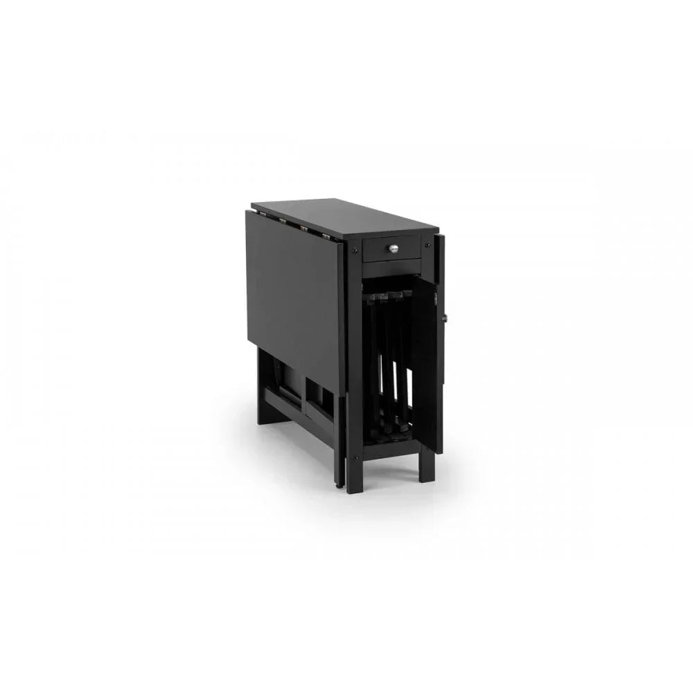 Black folding dining table with integrated chairs and storage drawer, shown closed