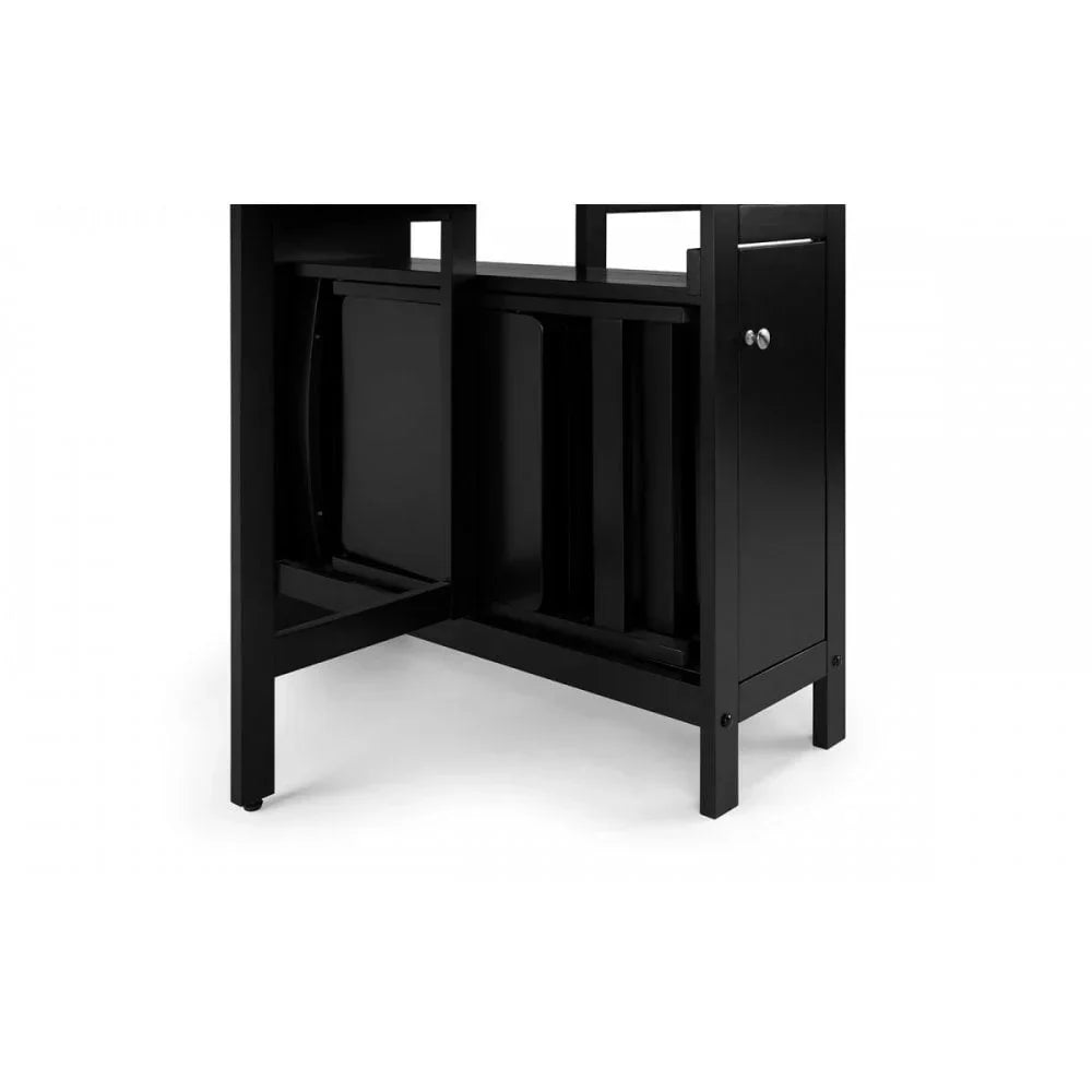 Black folding dining table with integrated storage cabinet and stowed panels