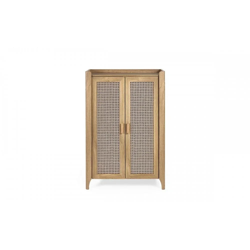 Natural wood cabinet with rattan doors and handles, front view furniture storage unit