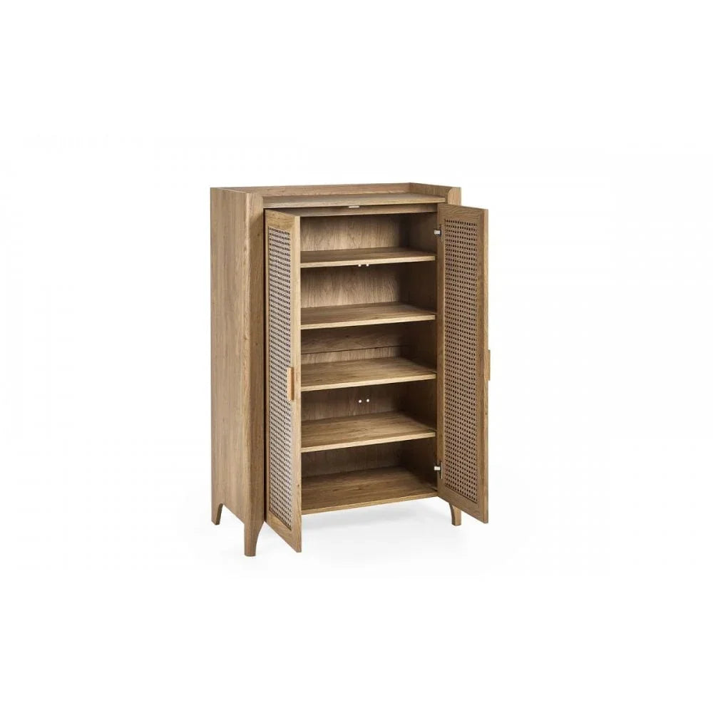 Wooden storage cabinet with open rattan doors and five shelves, angled front view