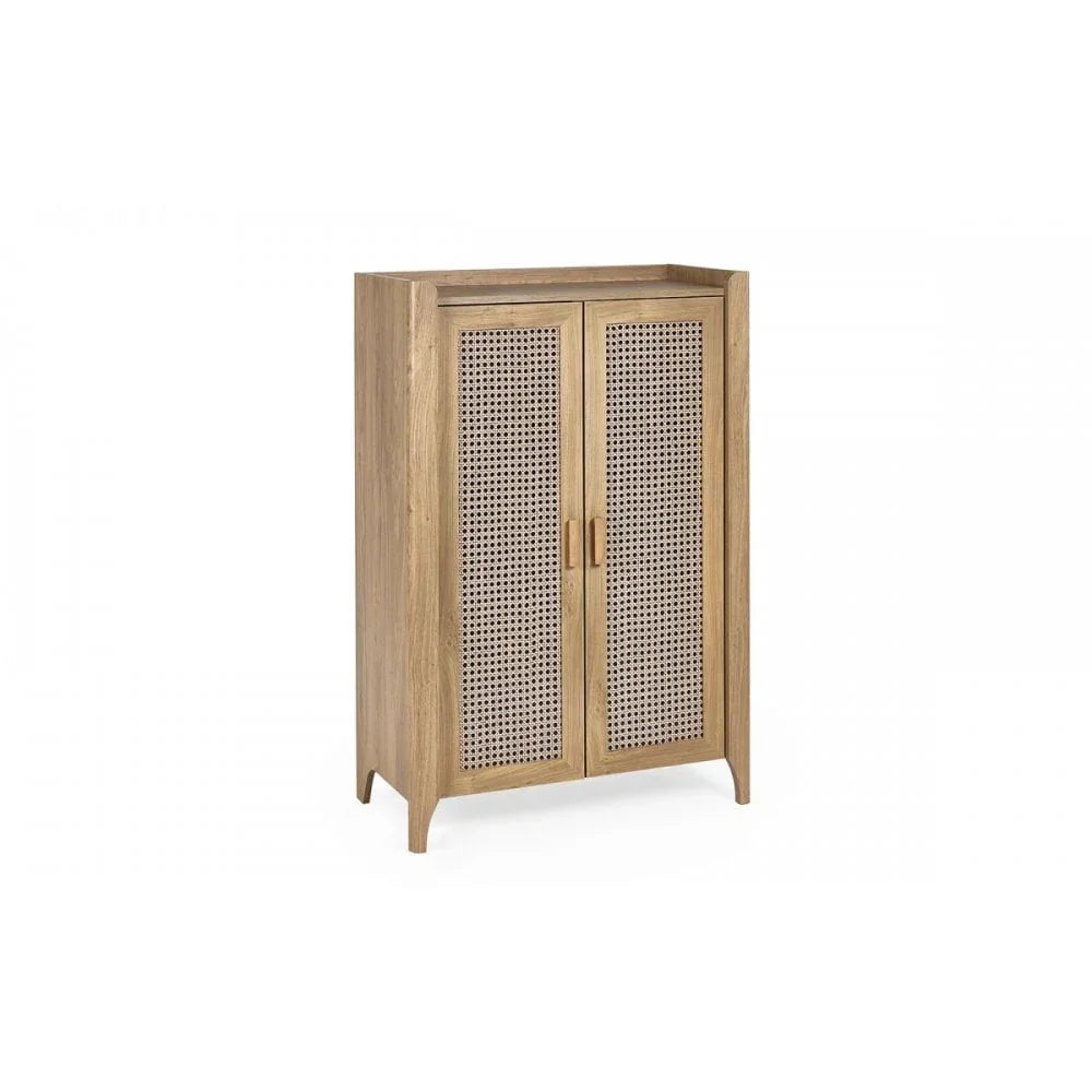 Wooden cabinet with cane panel doors and slim legs, front view