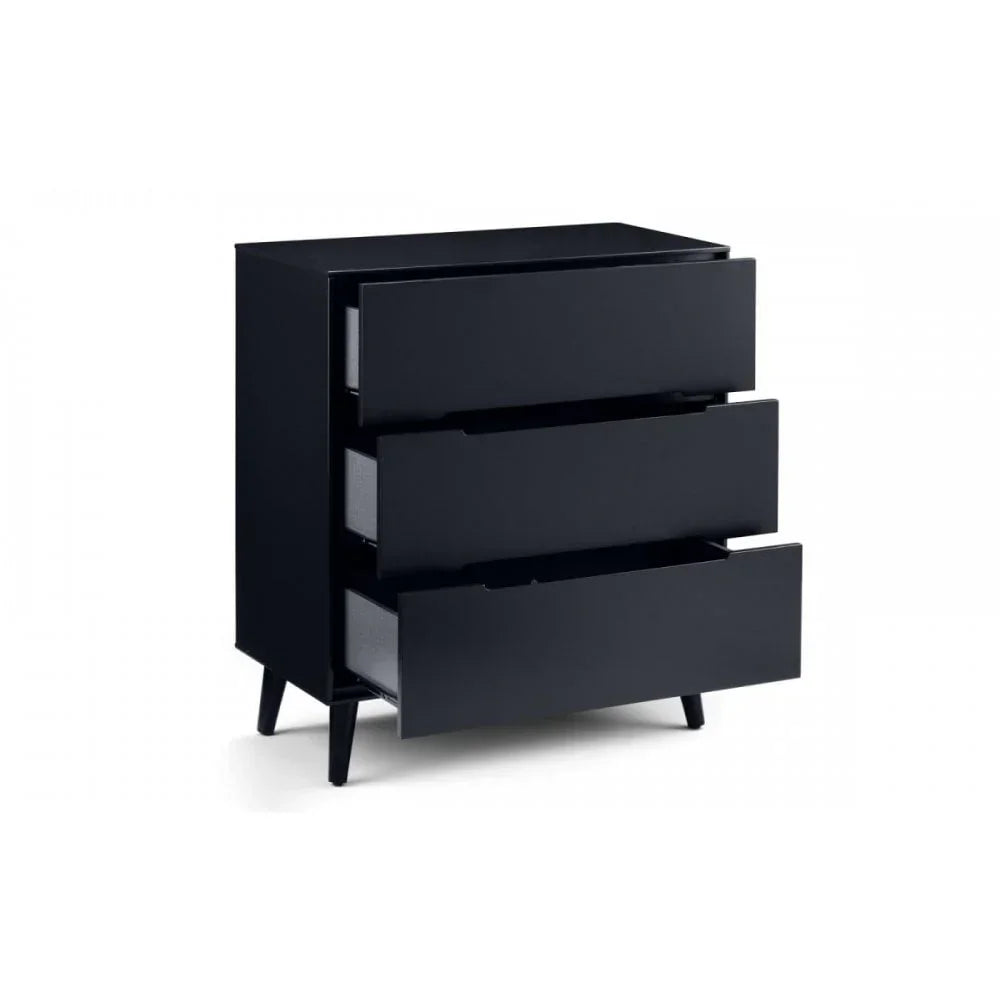 Black chest of drawers with three open drawers and angled legs