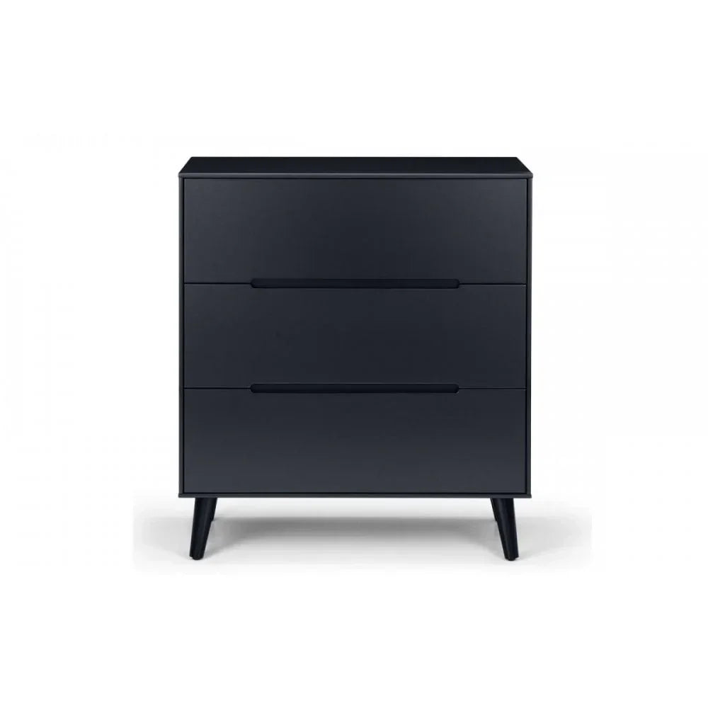 black three drawer chest with angled legs and sleek handles, front view