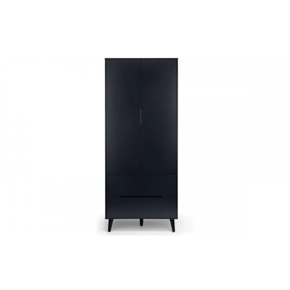 Black wardrobe with two doors, lower drawer and tapered legs, front view