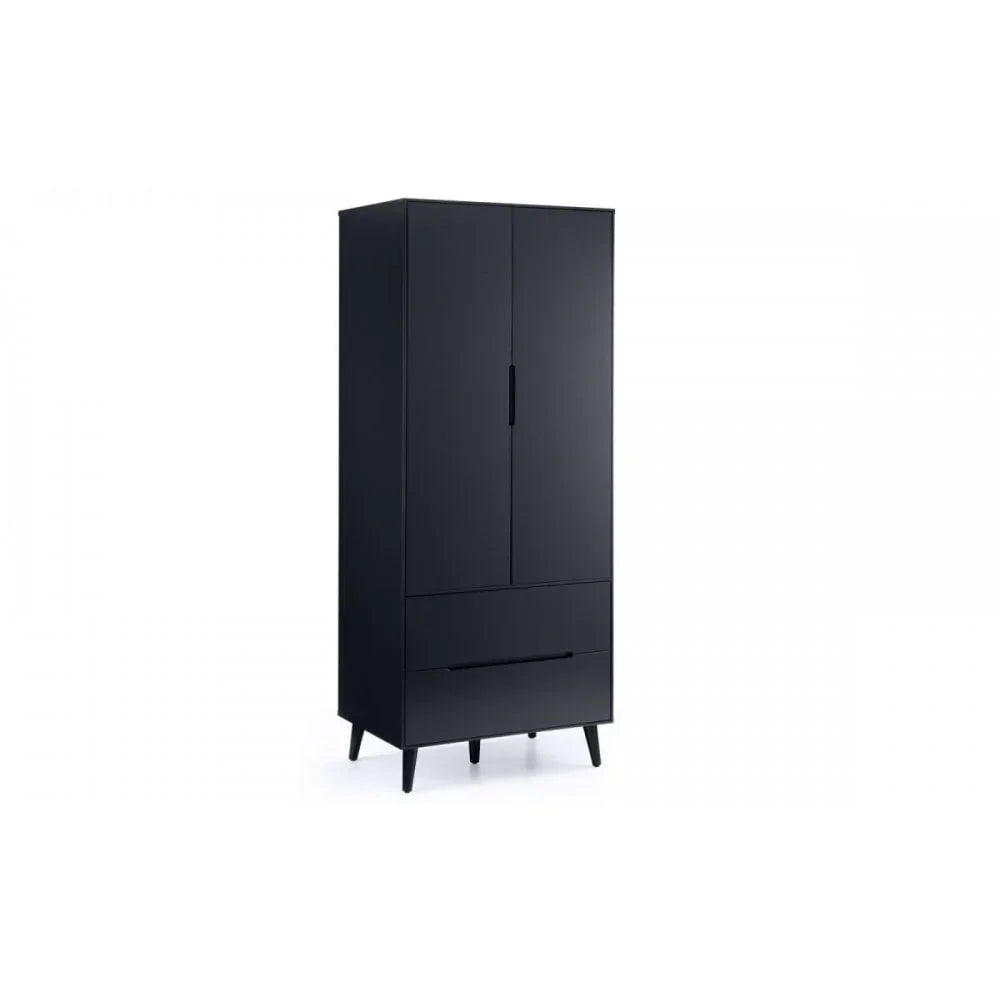 Black wardrobe with two doors, two drawers, and angled legs, front view