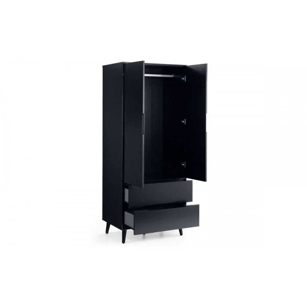 Black wardrobe with open doors, hanging rail, and two lower drawers on white background