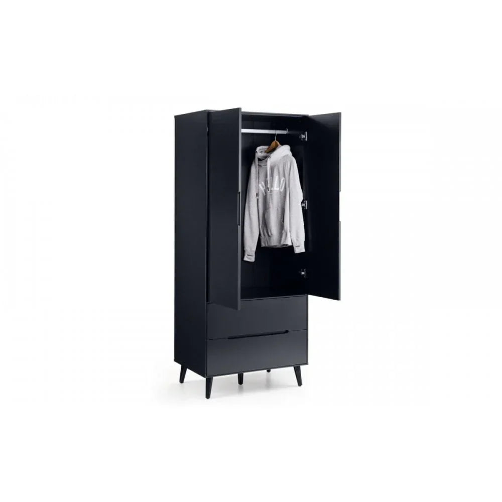 Black wardrobe with two drawers and hanging rail, doors open showing grey hoodie inside