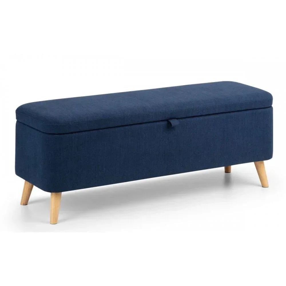 Navy fabric storage bench with wooden legs and lift-up lid
