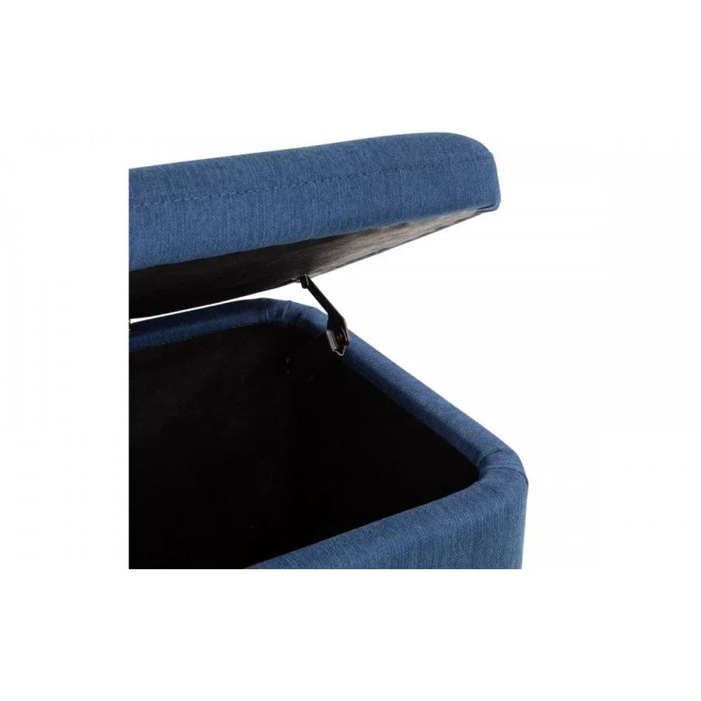 Open blue fabric ottoman storage box with hinged lid and black interior