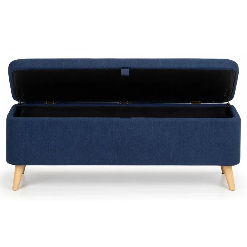 Blue fabric storage ottoman bench with wooden legs and open lid, front view