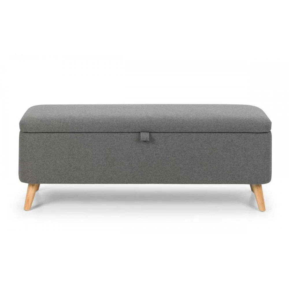 Grey fabric storage ottoman bench with wooden legs, front view