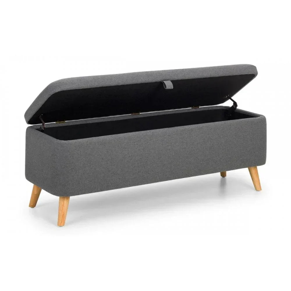 Grey fabric storage bench with open lid and wooden legs, angled view