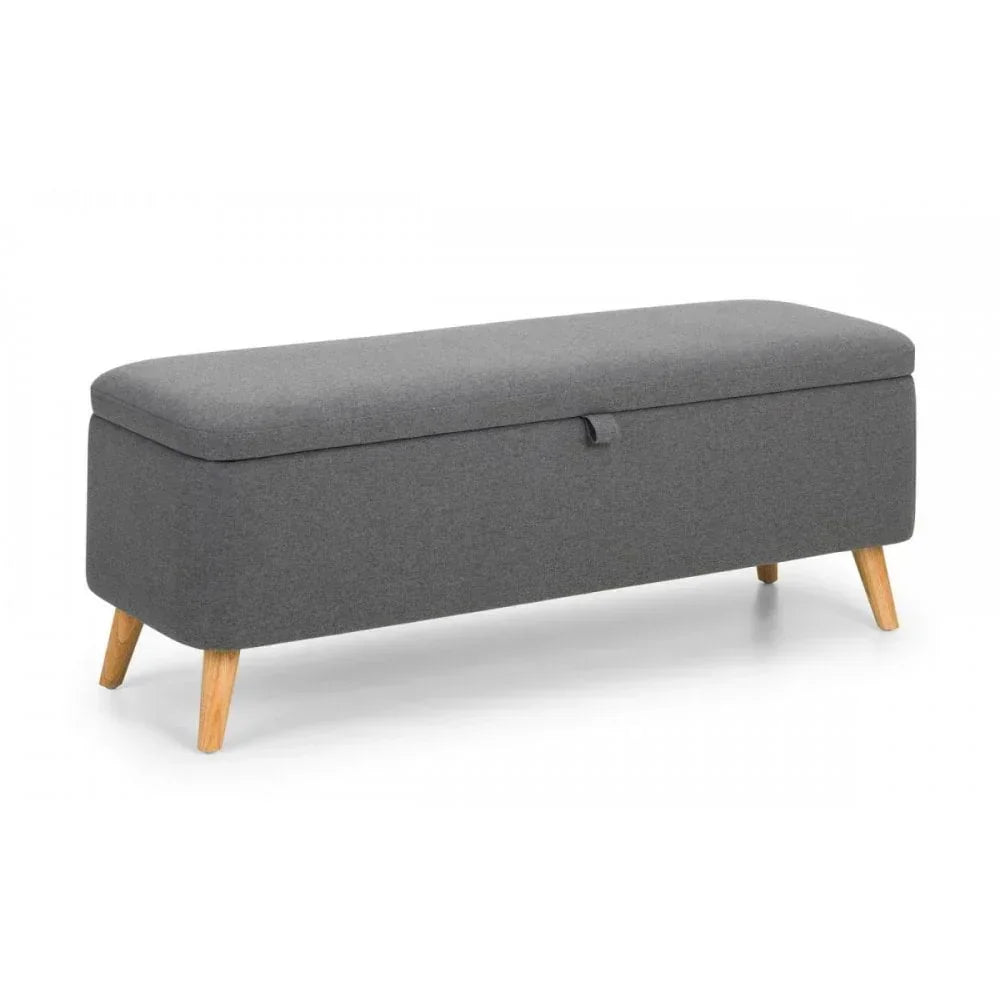 Grey upholstered storage bench with wooden legs and lift-top lid