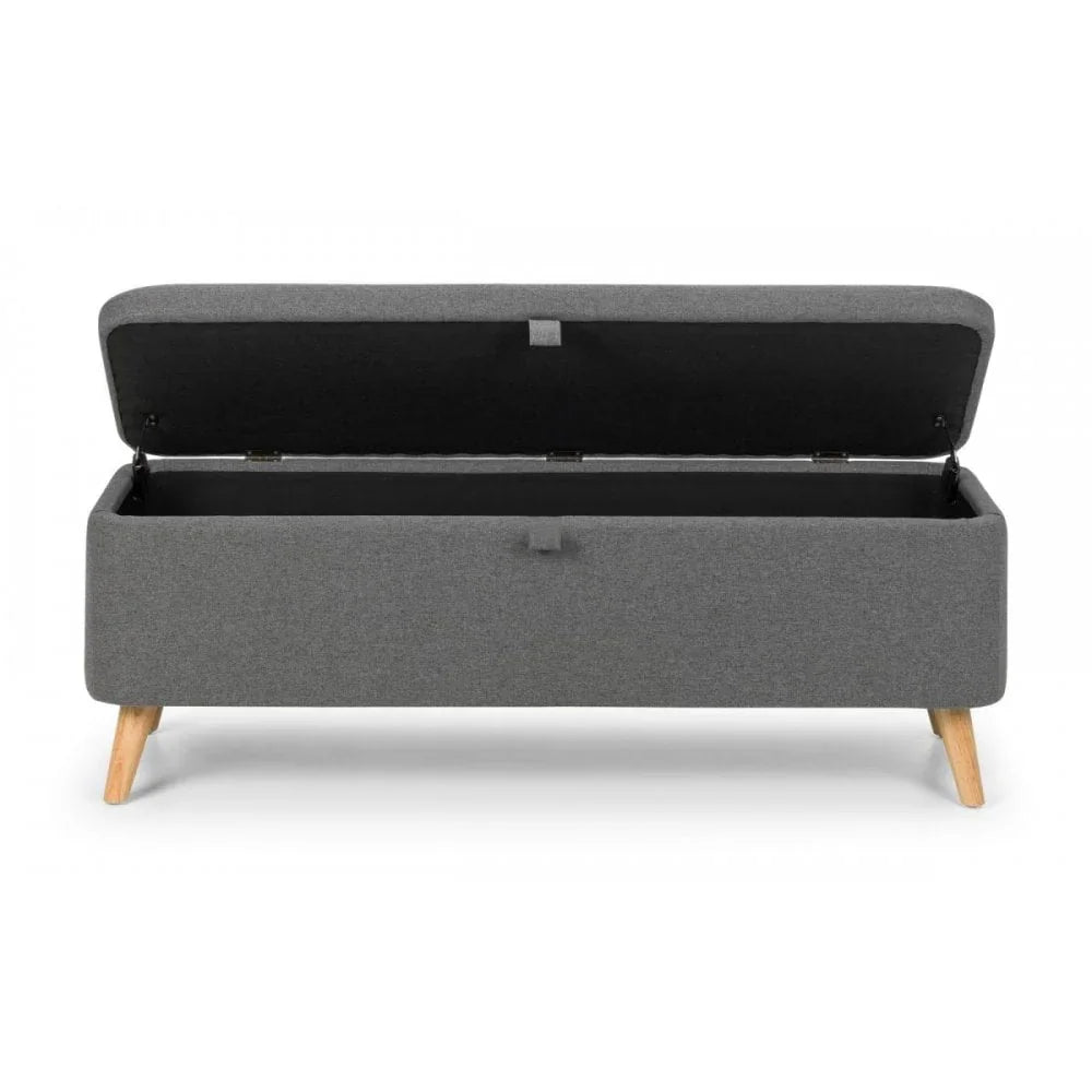 Grey fabric storage bench with open lid and wooden legs, front view