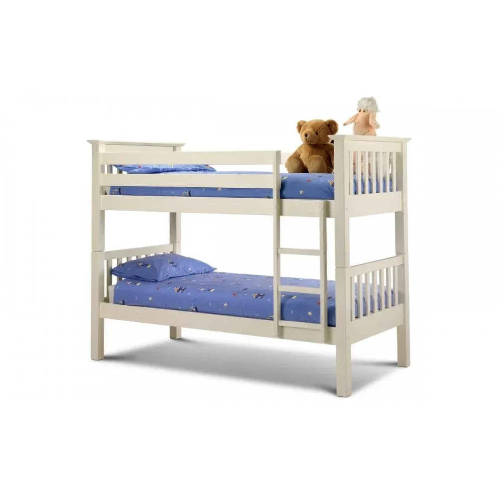 White wooden bunk bed with blue bedding and ladder, teddy bear on top bunk