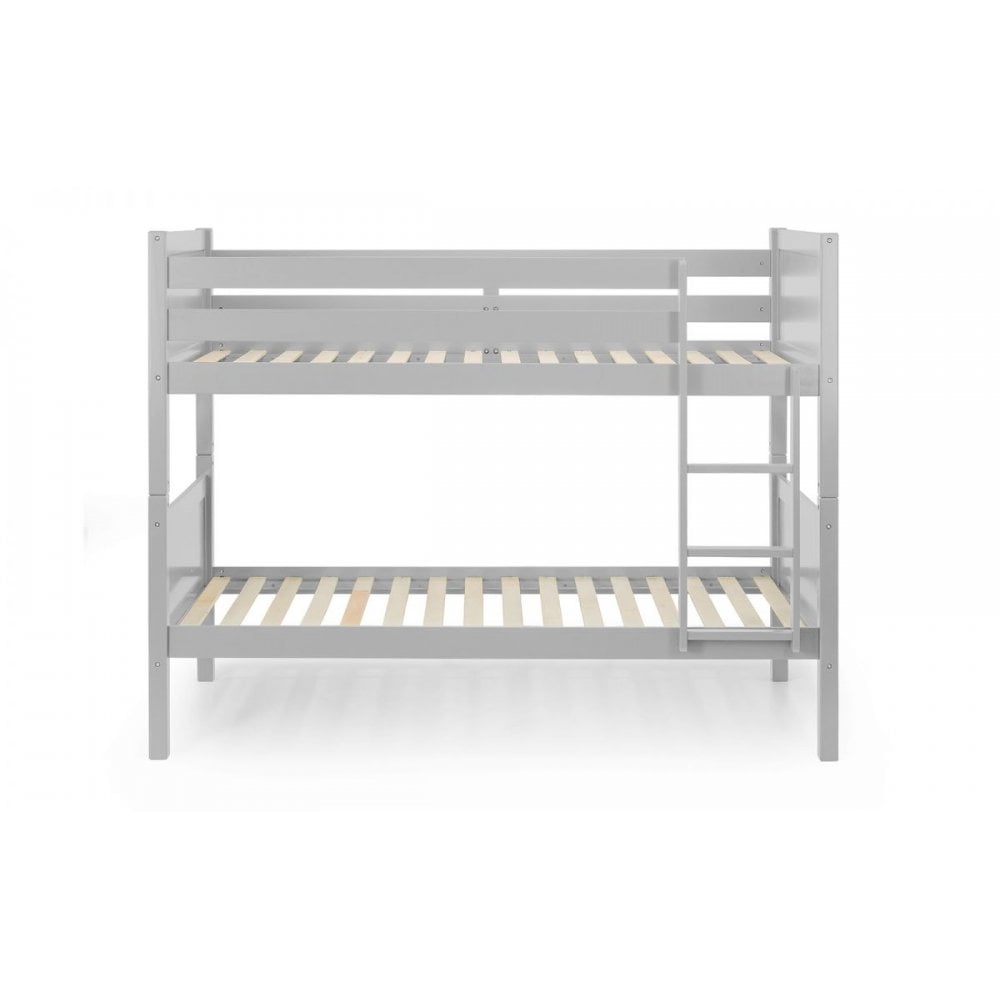 Grey wooden bunk bed frame with slatted base and ladder front view