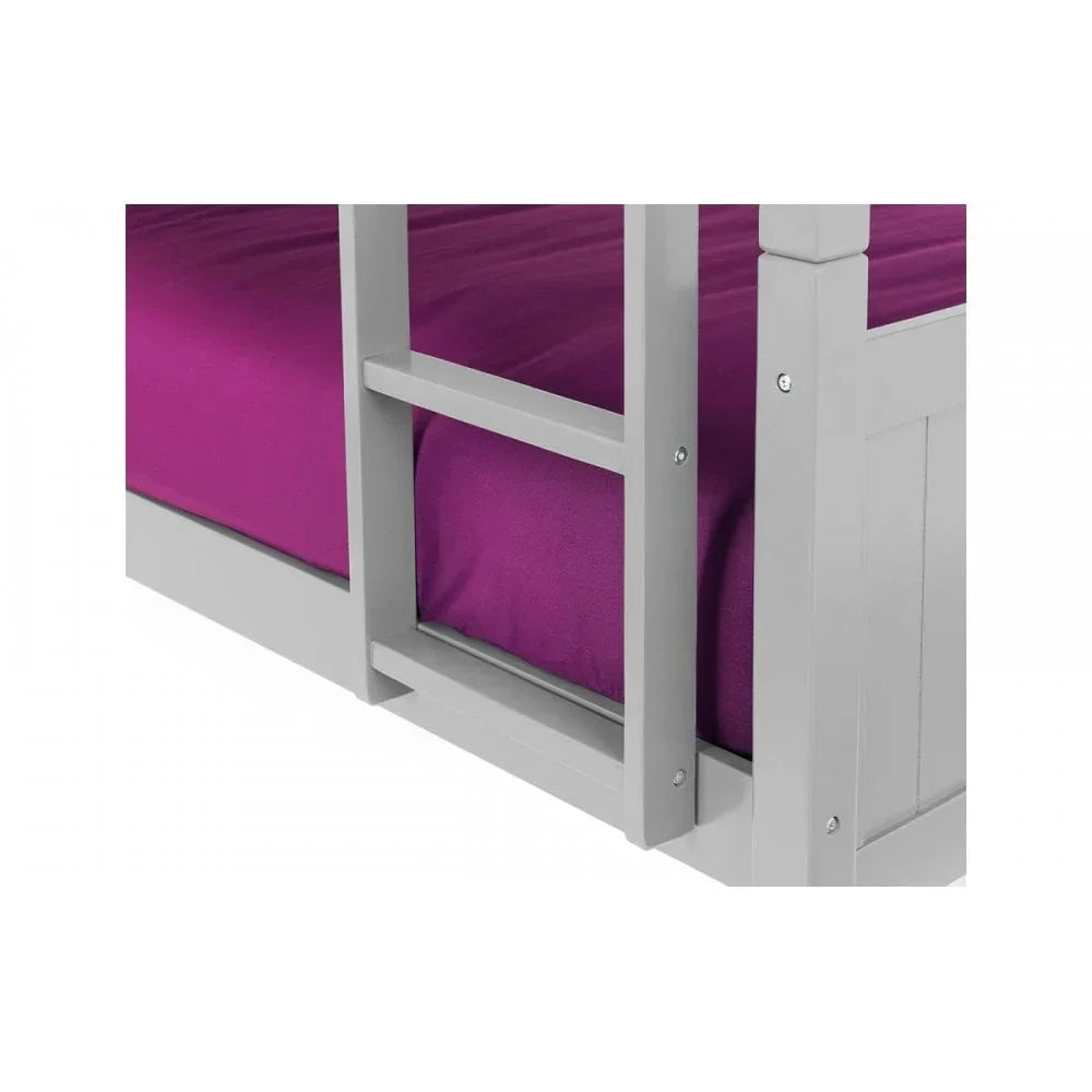Closeup of grey wooden bunk bed frame with ladder and purple bedding