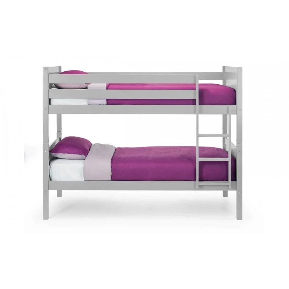 Grey wooden bunk bed with ladder, featuring purple bedding and pillows