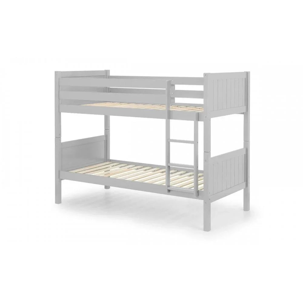 Grey wooden bunk bed with ladder and slatted base, shown from front angle