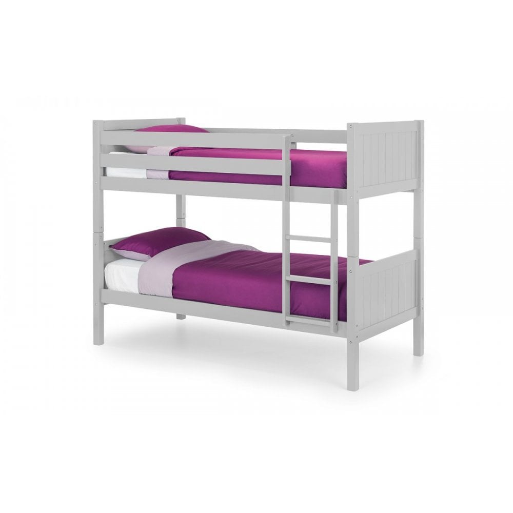 White wooden bunk bed with ladder and purple bedding, shown in side view