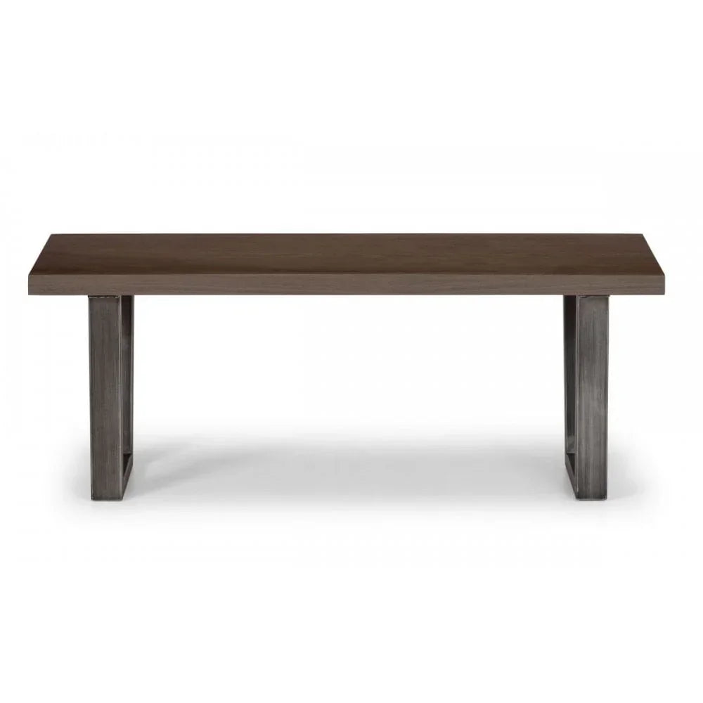 Rectangular wooden dining bench with dark metal legs, front view