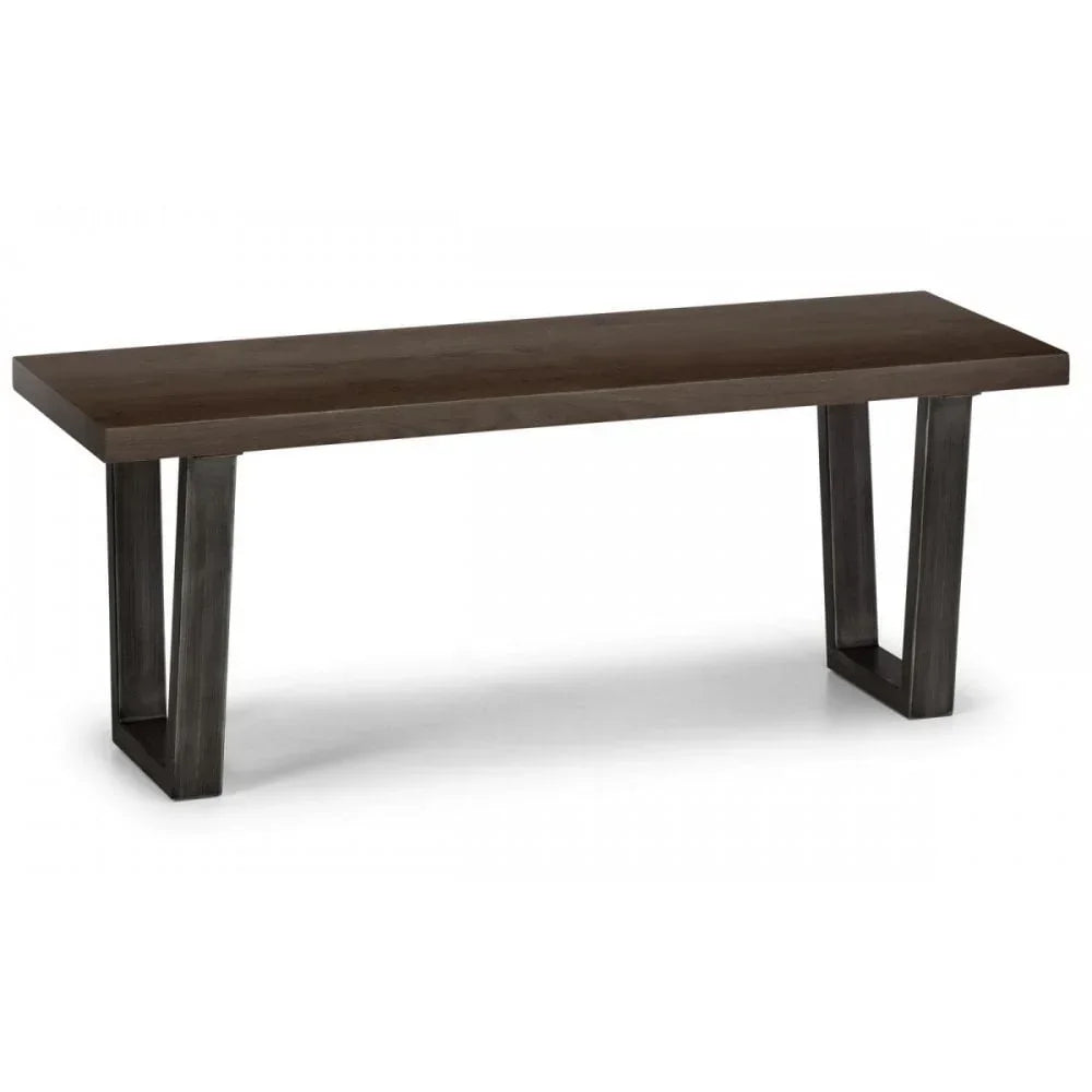 Rectangular wooden dining bench with dark metal legs on white background
