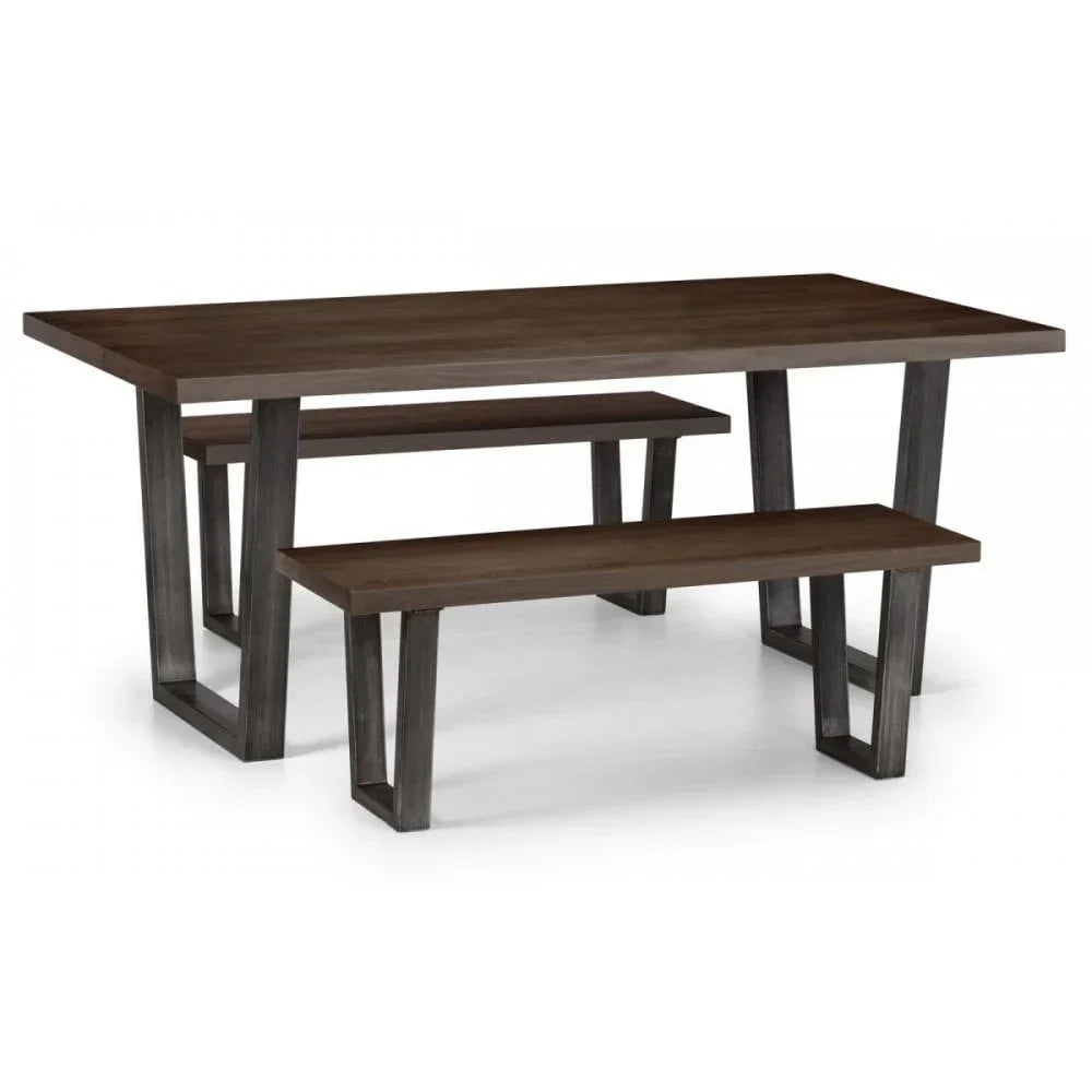 Wooden dining table with two matching benches and black metal legs