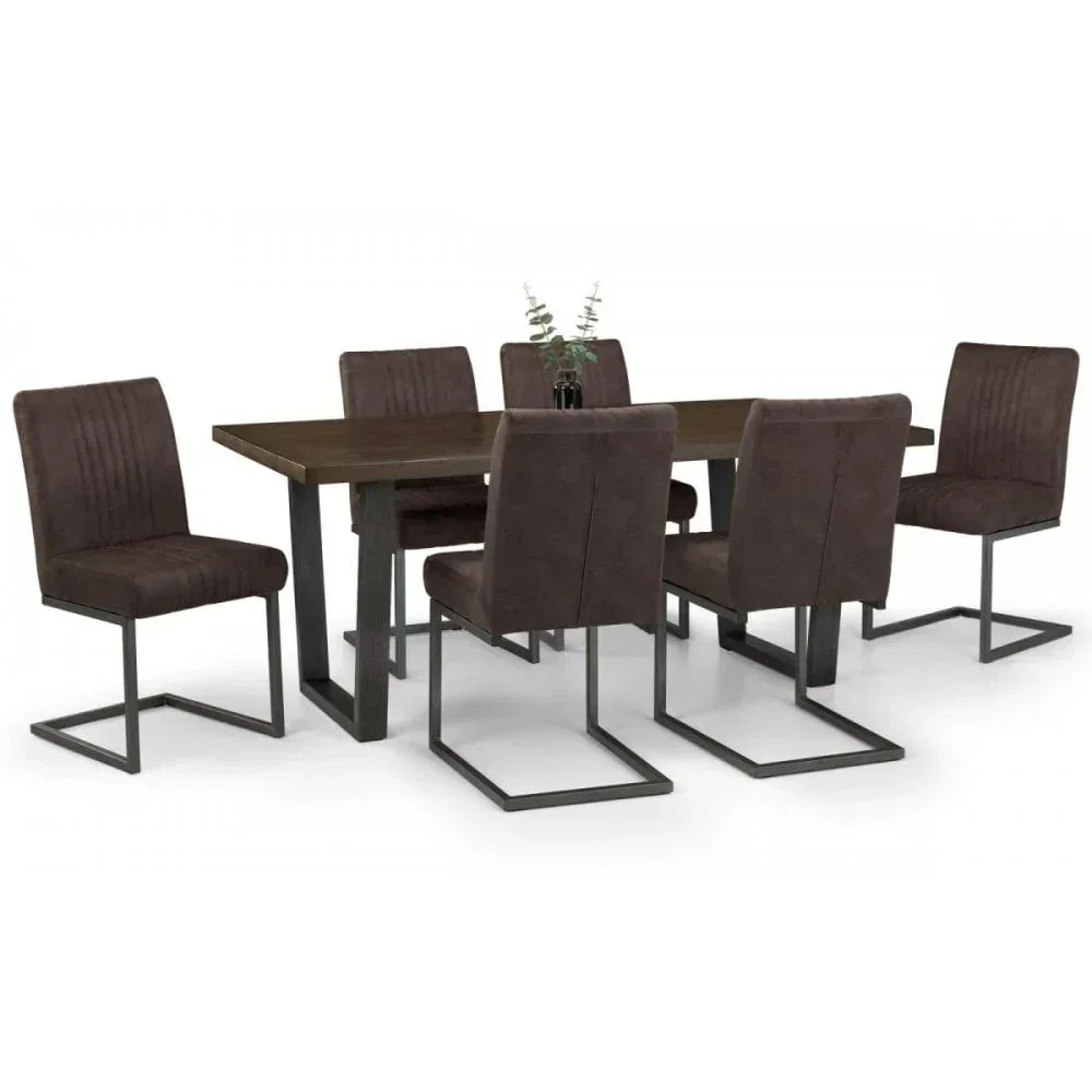 Rectangular dining table with six brown suede chairs and a metal frame, shown from the front